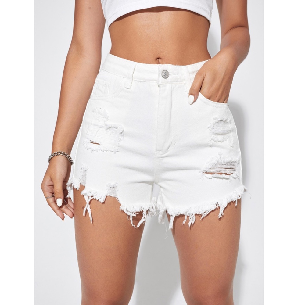 Light Wash Blue Denim Shorts Distressed Ripped High Waist Raw Hem - Picture 9 of 10